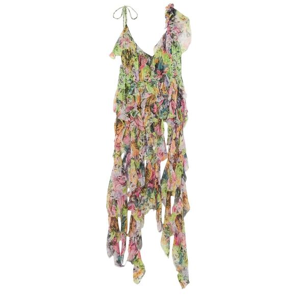 Dries Van Noten Tops - Dries Van Noten Asymmetric Ruffled Green Floral Silk Crepon Top Size FR 34 / US
